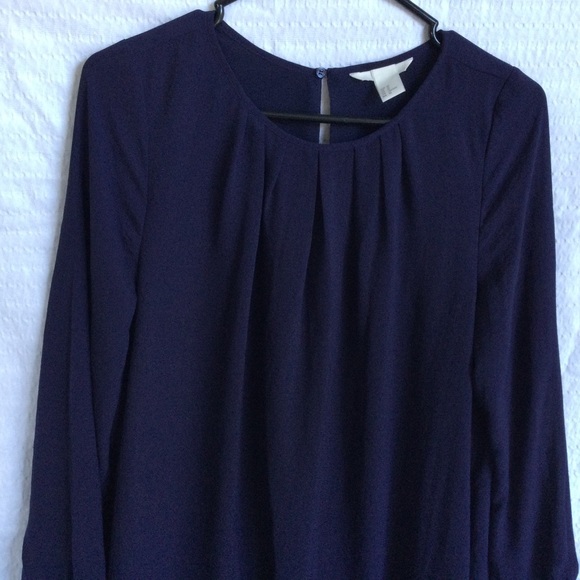 H&M Chiffon Shift Dress  Navy Blue Size 10 Lined Sheer Sleeves - Picture 2 of 14